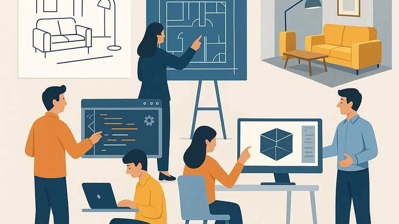 A design team collaborating on converting a 2D floor plan sketch into a 3D interior room visualization, using laptops, coding tools, and architectural blueprints