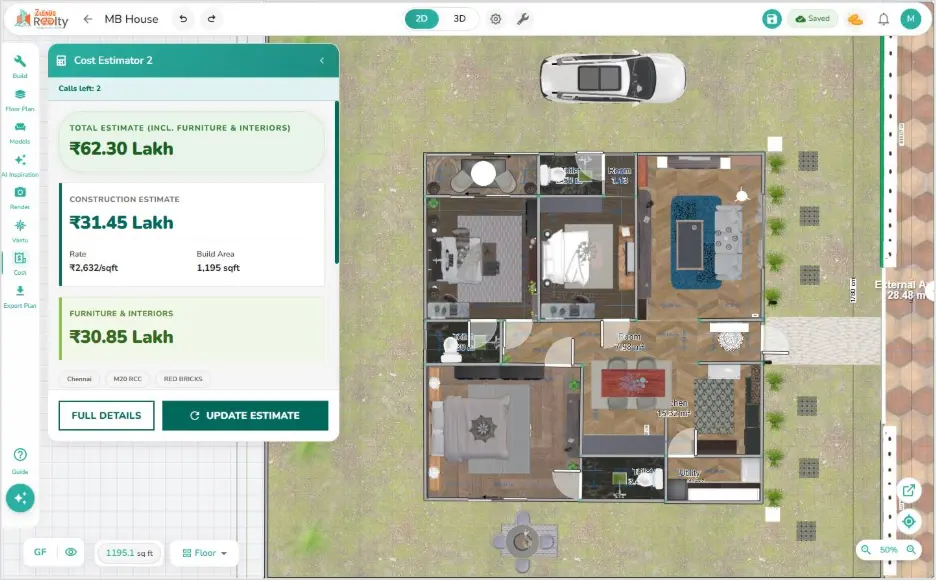 Smart Construction Cost Estimator by Zlendo Realty displaying a total estimate of ₹62.30 Lakh with construction and furniture breakdowns on a 2D floor plan