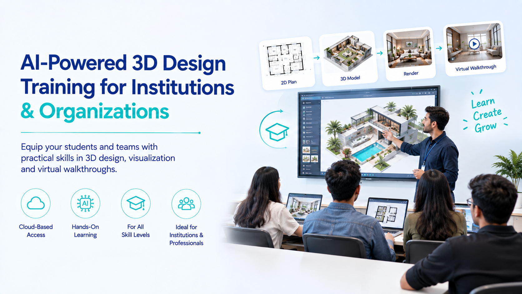 Presentation slide titled 'AI-Powered 3D Design Training for Institutions & Organizations' with a laptop displaying design visuals and a person presenting to a group.
