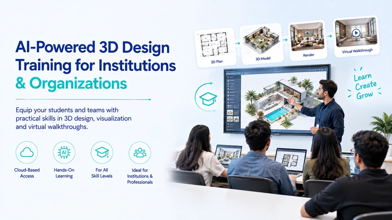 Presentation slide titled 'AI-Powered 3D Design Training for Institutions & Organizations' with a laptop displaying design visuals and a person presenting to a group.