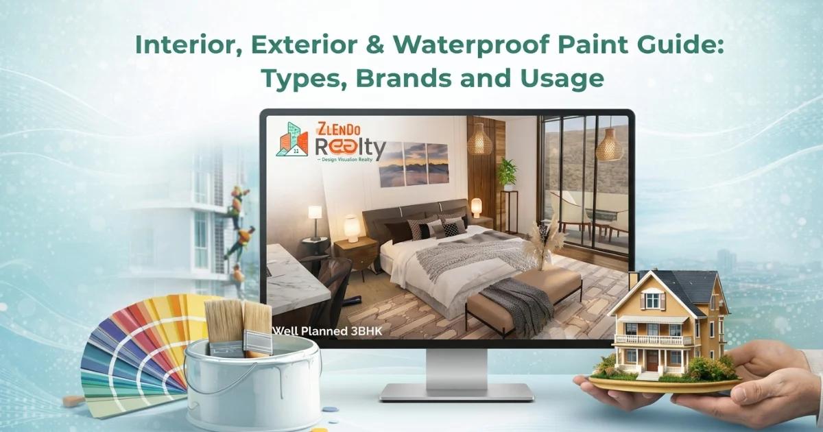 Interior, Exterior and Waterproof Paint Guide showing a Zlendo Realty AI platform displaying a modern 3BHK bedroom interior design on a monitor, surrounded by paint brushes, a paint can, color swatches, and a miniature house model