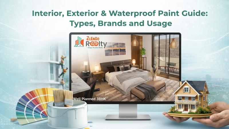 Interior, Exterior and Waterproof Paint Guide showing a Zlendo Realty AI platform displaying a modern 3BHK bedroom interior design on a monitor, surrounded by paint brushes, a paint can, color swatches, and a miniature house model