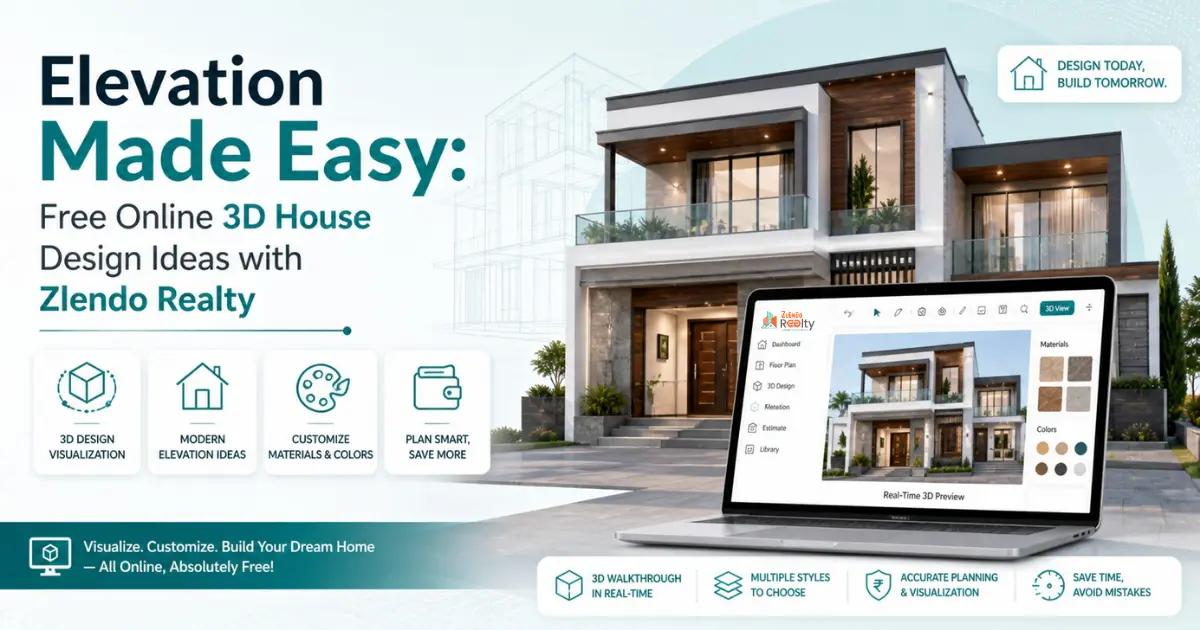 3D house elevation design ideas with modern villa and real-time material customization on Zlendo Realty platform