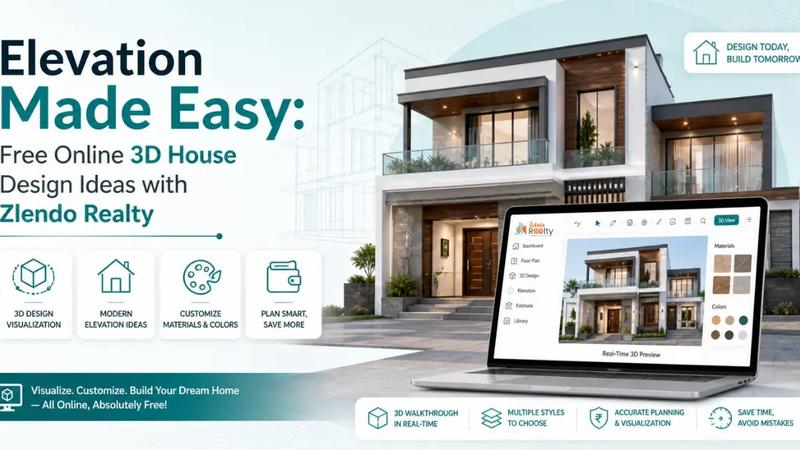 3D house elevation design ideas with modern villa and real-time material customization on Zlendo Realty platform