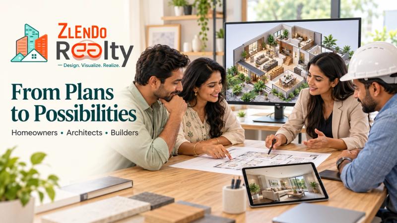 Homeowners, architect and builder reviewing a floor plan and 3D home visualization with Zlendo Realty branding