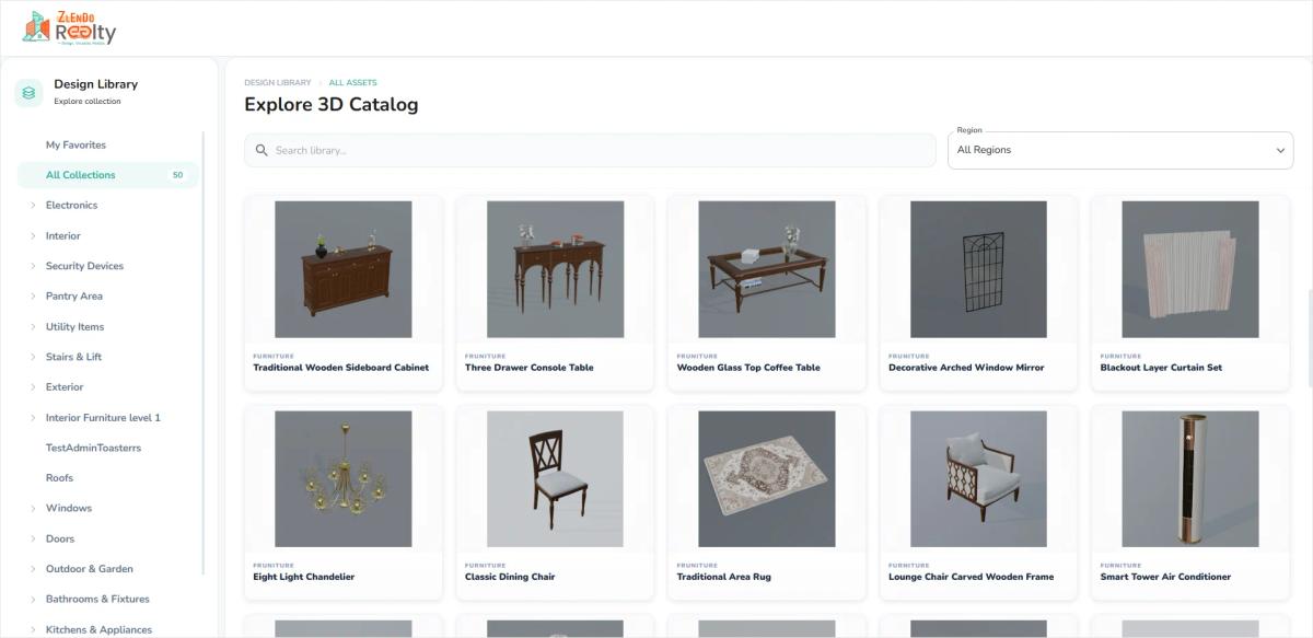 Screenshot of Zlendo Realty's 3D design library interface showing a catalog of furniture and object thumbnails