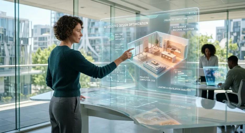 Designer using AI-assisted home design optimization software with 3D floor plan visualization and real-time energy simulation