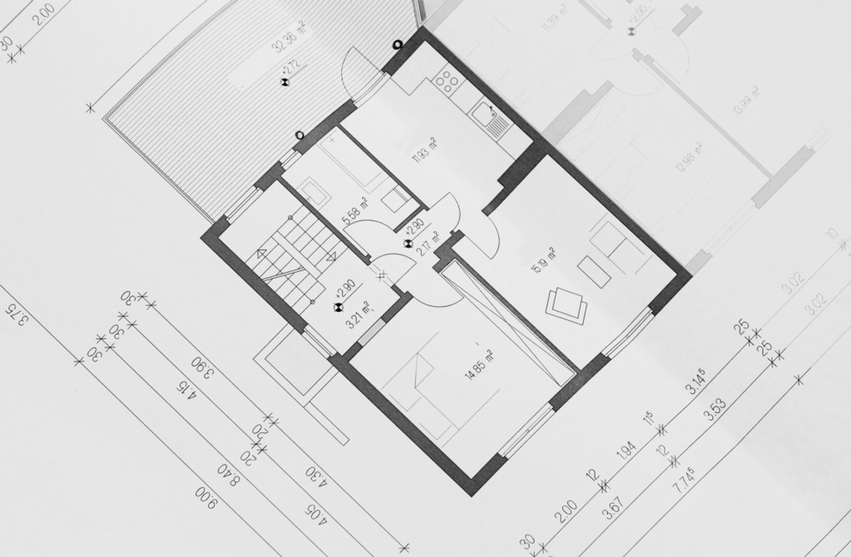 2D architectural floor plan blueprint with room dimensions and measurements
