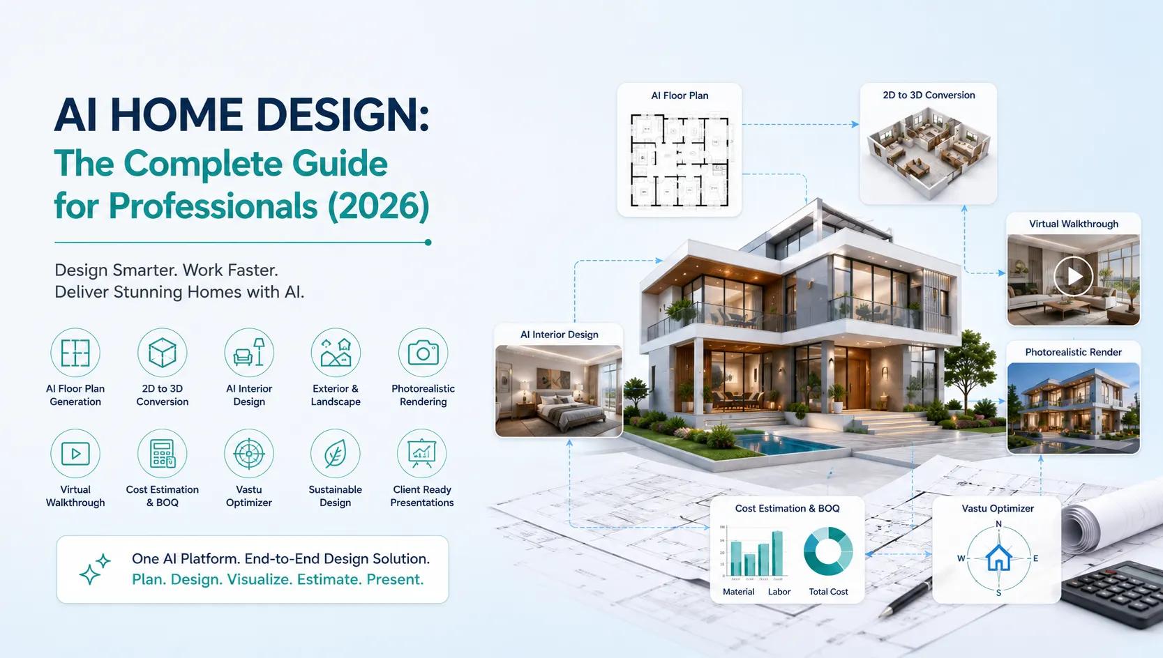 AI home design platform showcasing AI floor plan generation, 2D to 3D conversion, interior design, virtual walkthrough, photorealistic rendering, cost estimation, and Vastu optimization.