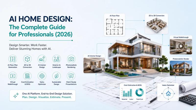 AI home design platform showcasing AI floor plan generation, 2D to 3D conversion, interior design, virtual walkthrough, photorealistic rendering, cost estimation, and Vastu optimization.
