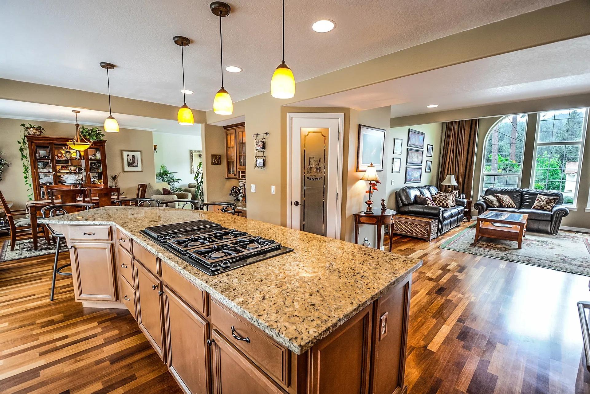 Open-concept south west kitchen with island showcasing a practical Vastu-friendly layout, proper ventilation, and efficient workspace.