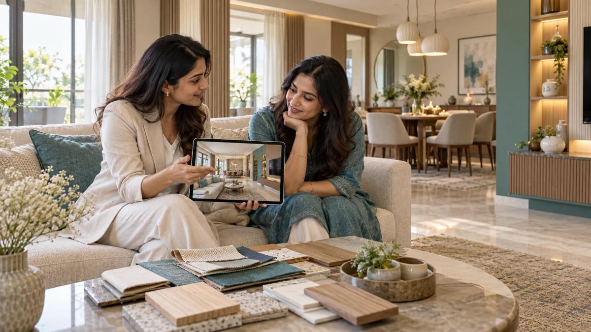 Designer and homeowner discussing an interior visualization on a tablet