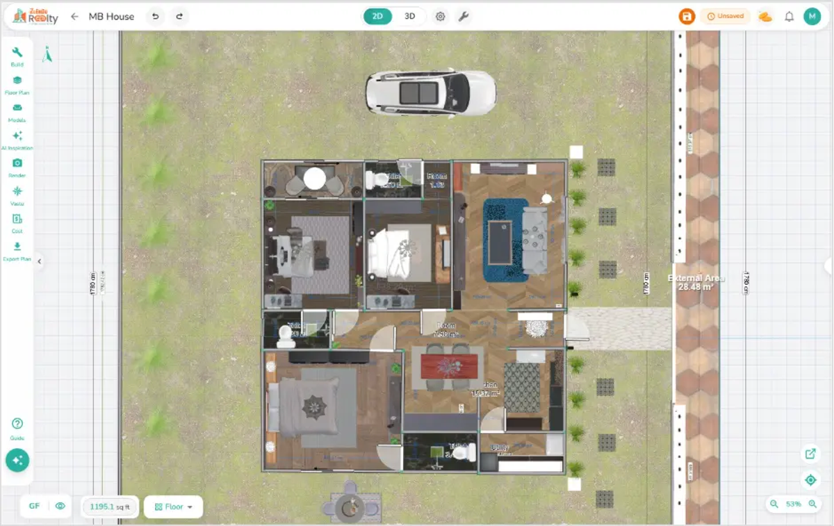Zlendo Realty Editor 2.3.0 2D floor plan view of MB House showing room layout, dimensions, and 1195 sq ft site area