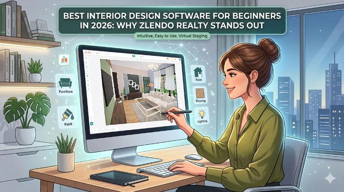 Best interior design software for beginners in 2026 featuring AI-powered room design, virtual staging, 3D visualization, and interior planning with Zlendo Realty
