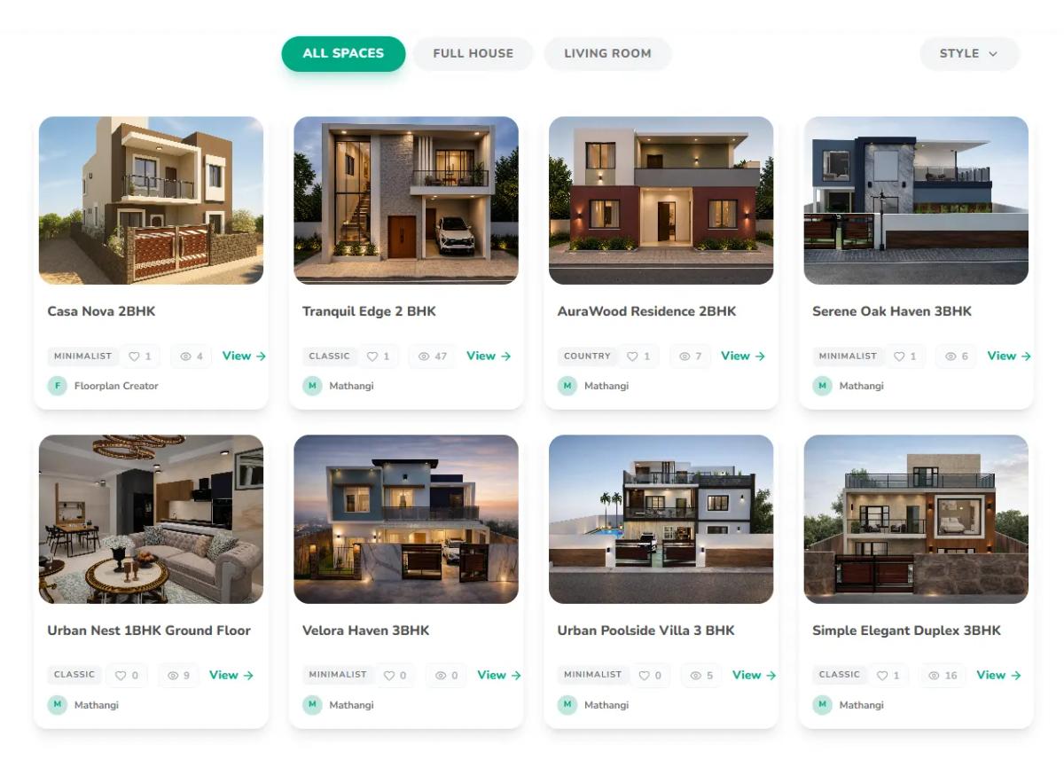 Pre-built modern house plan templates featuring customizable 2BHK, 3BHK, duplex, and villa home designs with AI-generated exterior views