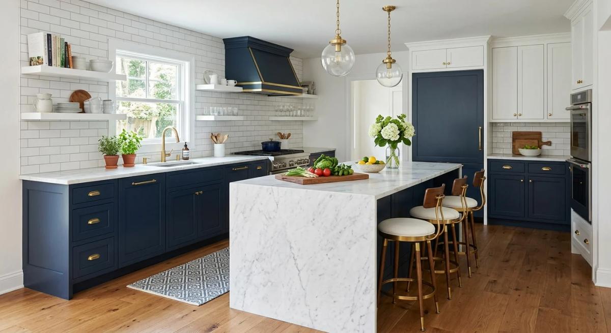 Navy blue kitchen island paired with white cabinets and a dining table