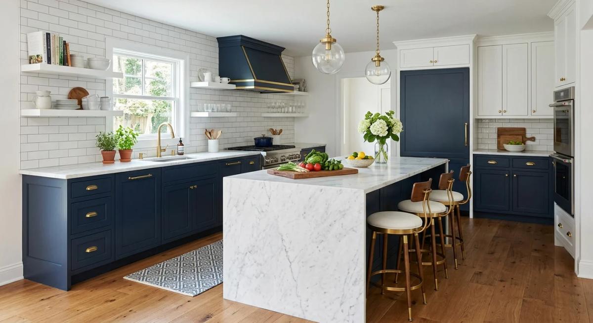 Navy blue kitchen island paired with white cabinets and a dining table