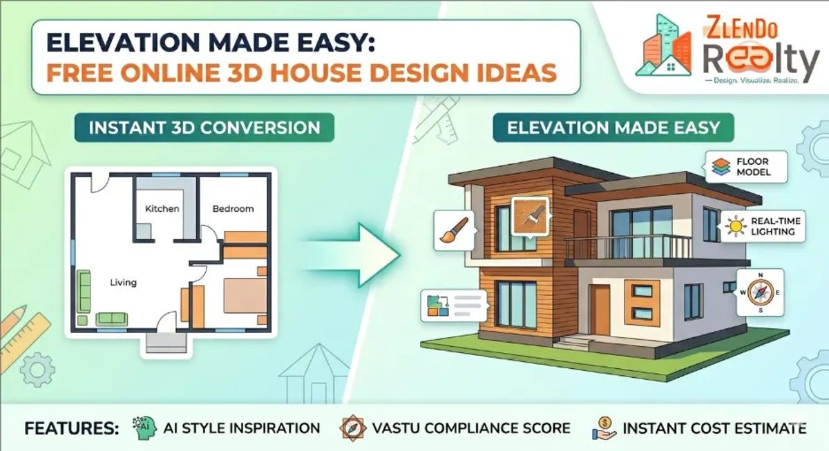 Zlendo Realty 2D to 3D house design conversion showing floor plan to 3D elevation with real-time lighting, Vastu compliance, and instant cost estimate
