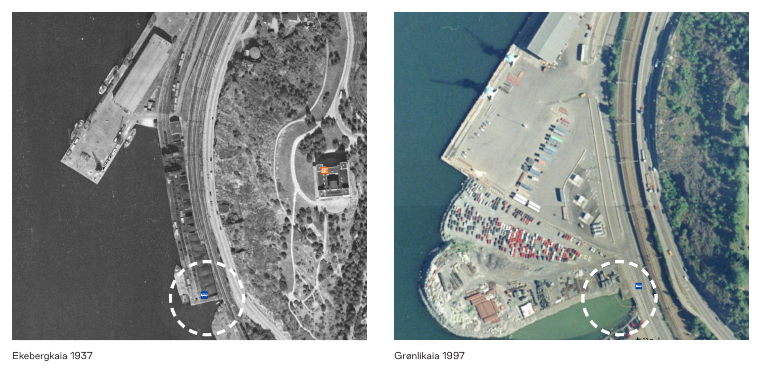 Store endringer på Grønlia de siste 100 årene, men den lille biten av den historiske Ekebergkaia eksisterer fremdeles ved Alnaelvas utløp.