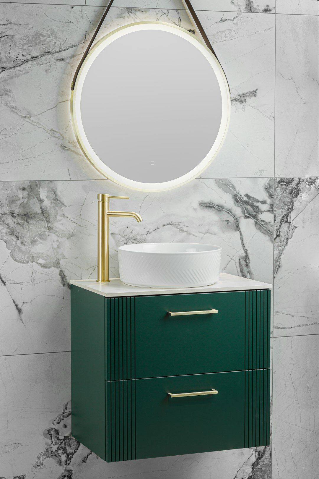Emerald green floating vanity with round LED mirror