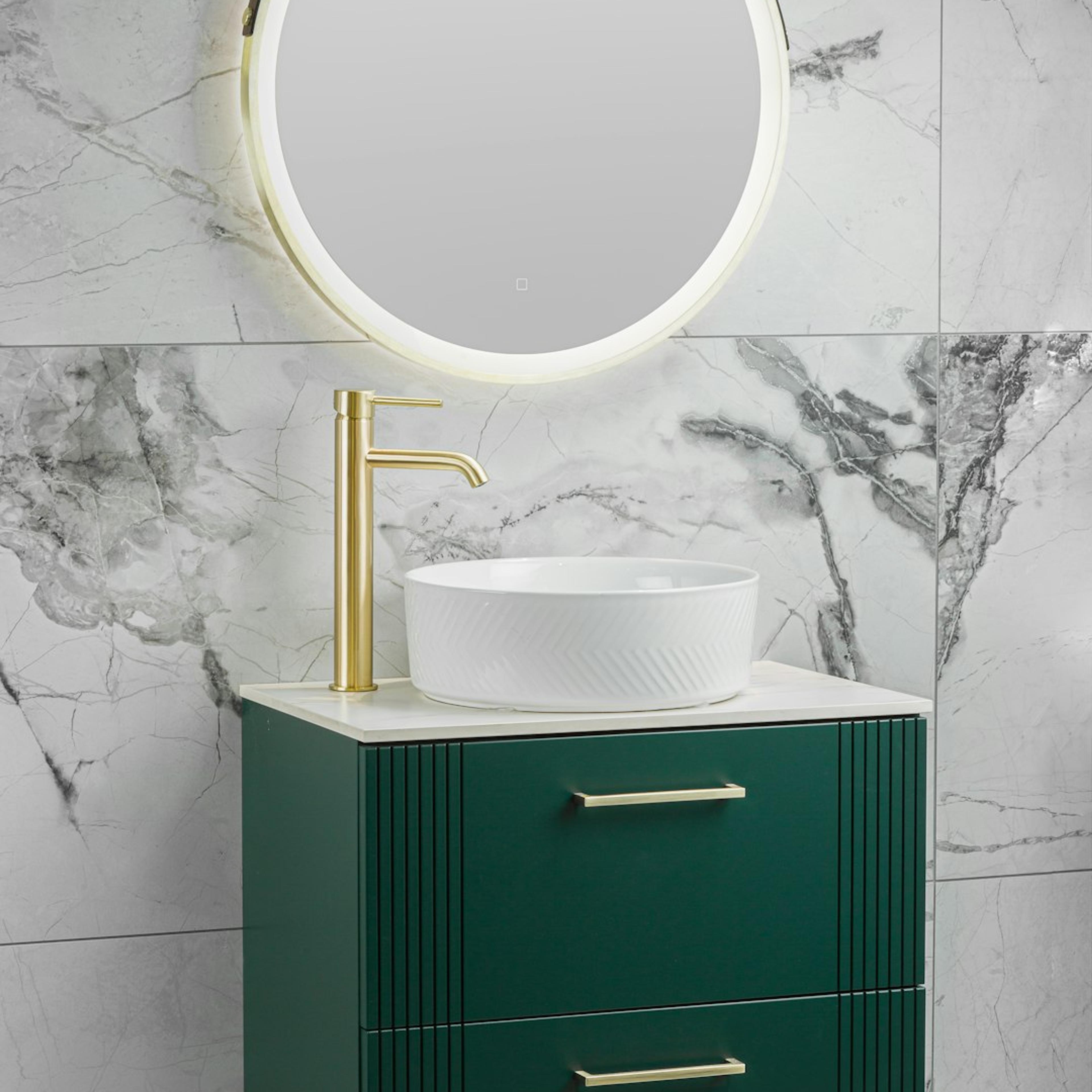 Emerald green floating vanity with round LED mirror