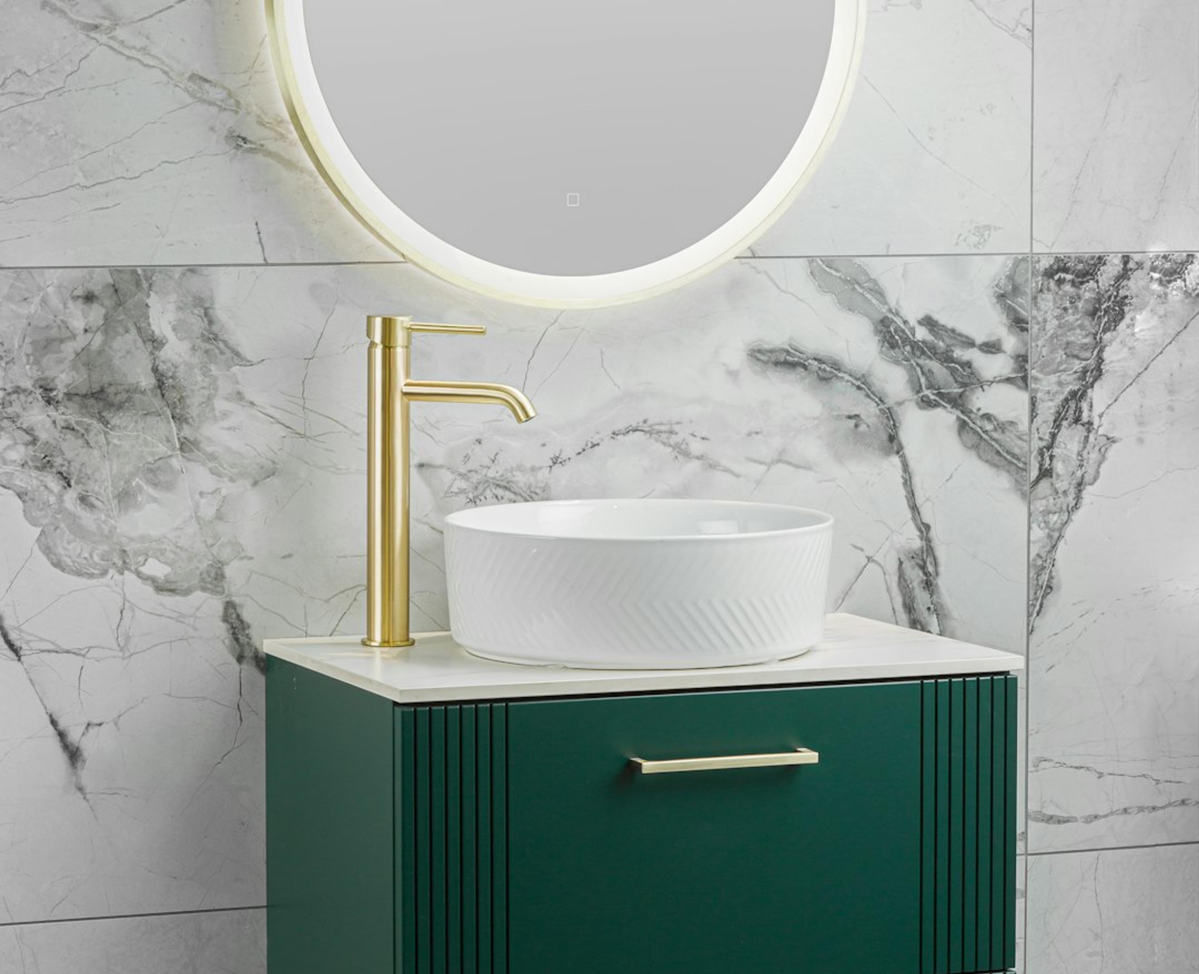Emerald green floating vanity with LED mirror