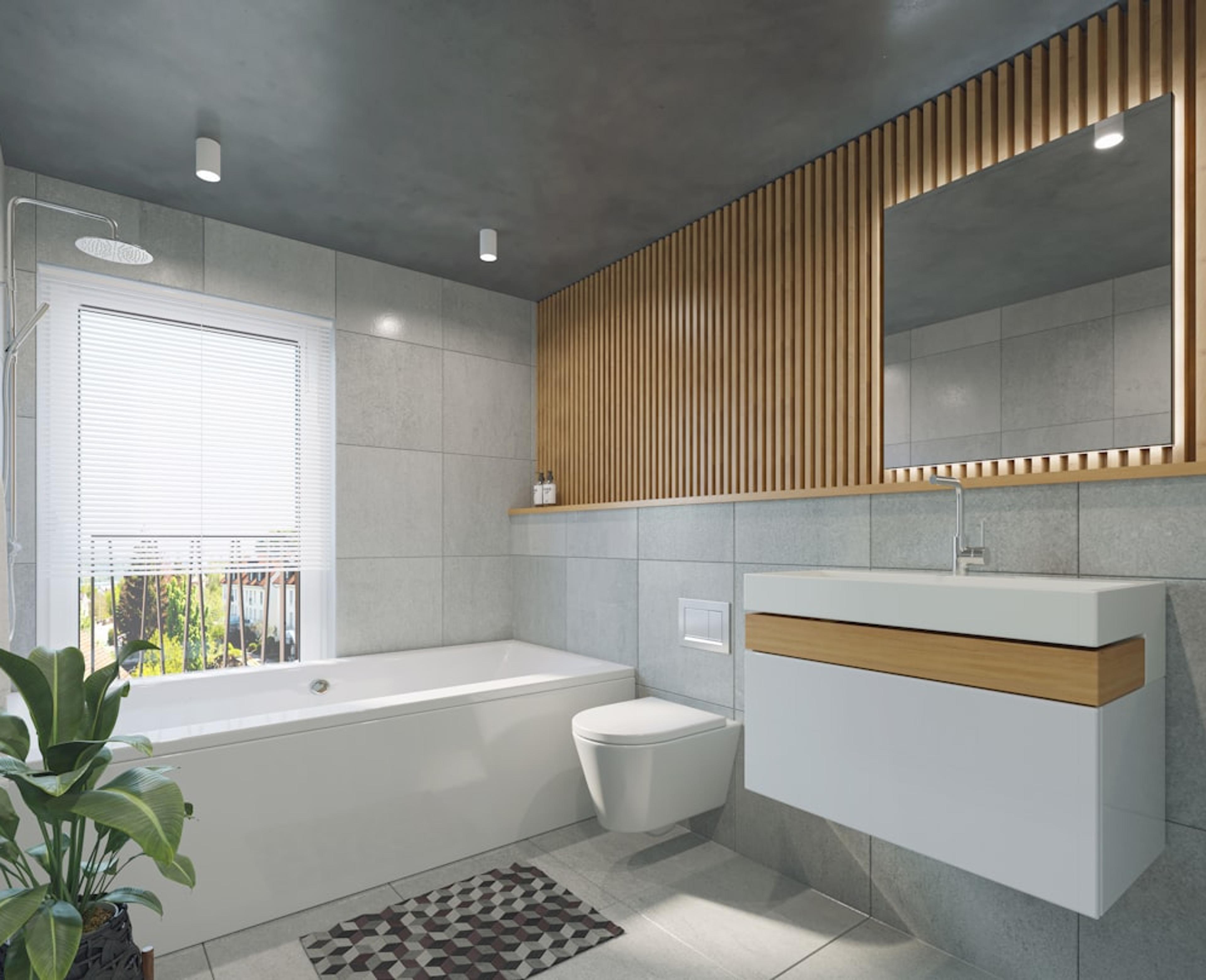 Spa bathroom with wood slat accent wall