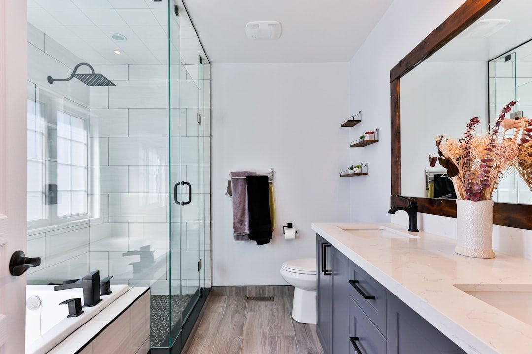 Glass shower and dark vanity