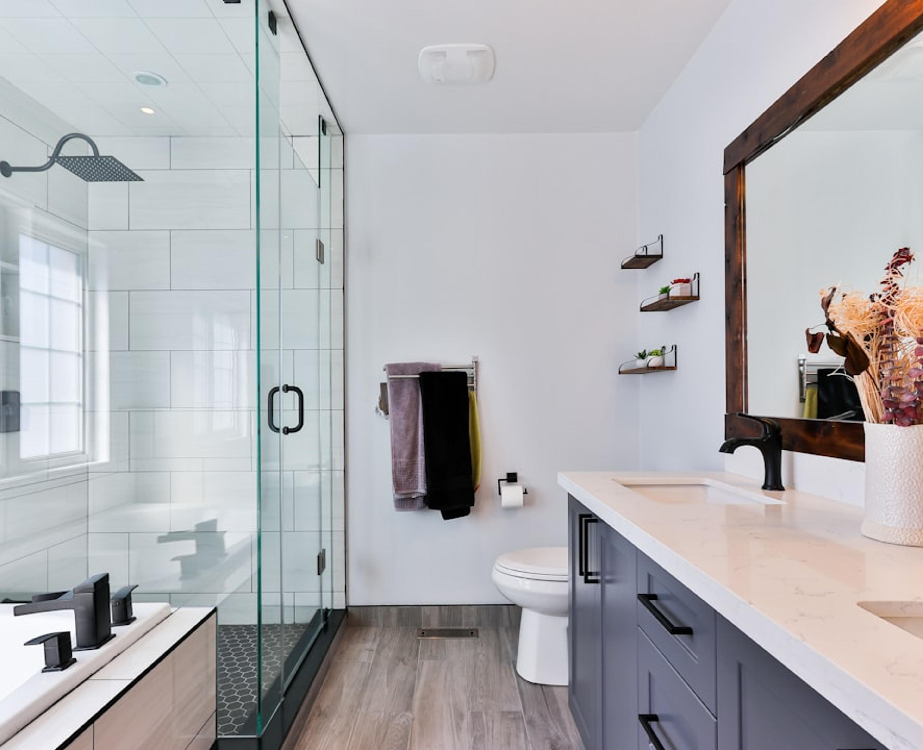 Glass shower and dark vanity