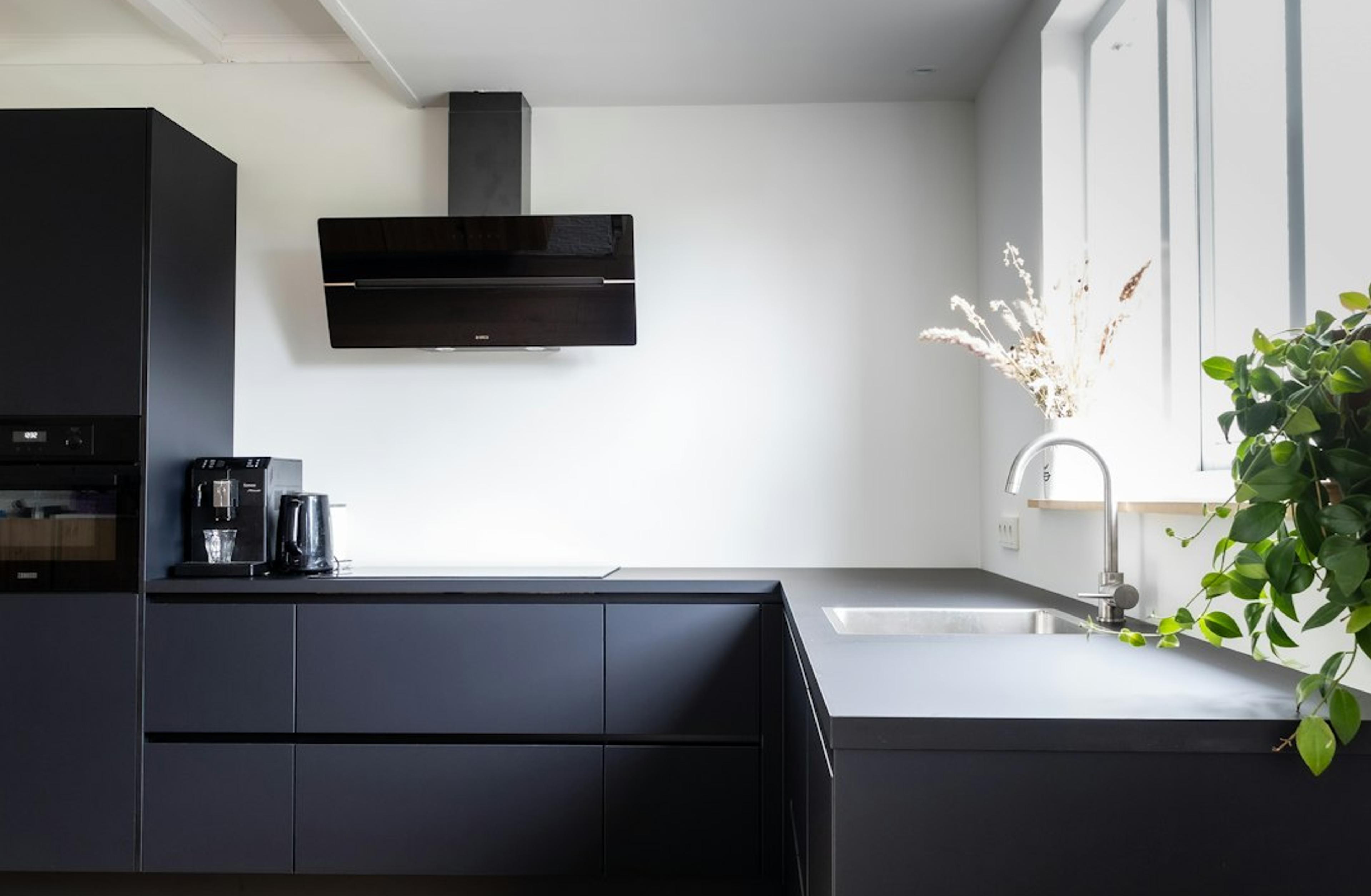 Matte black modern kitchen with warm wood flooring