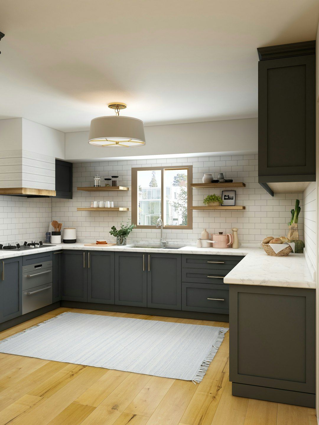 Olive green shaker cabinets with white quartz countertops and open wood shelving