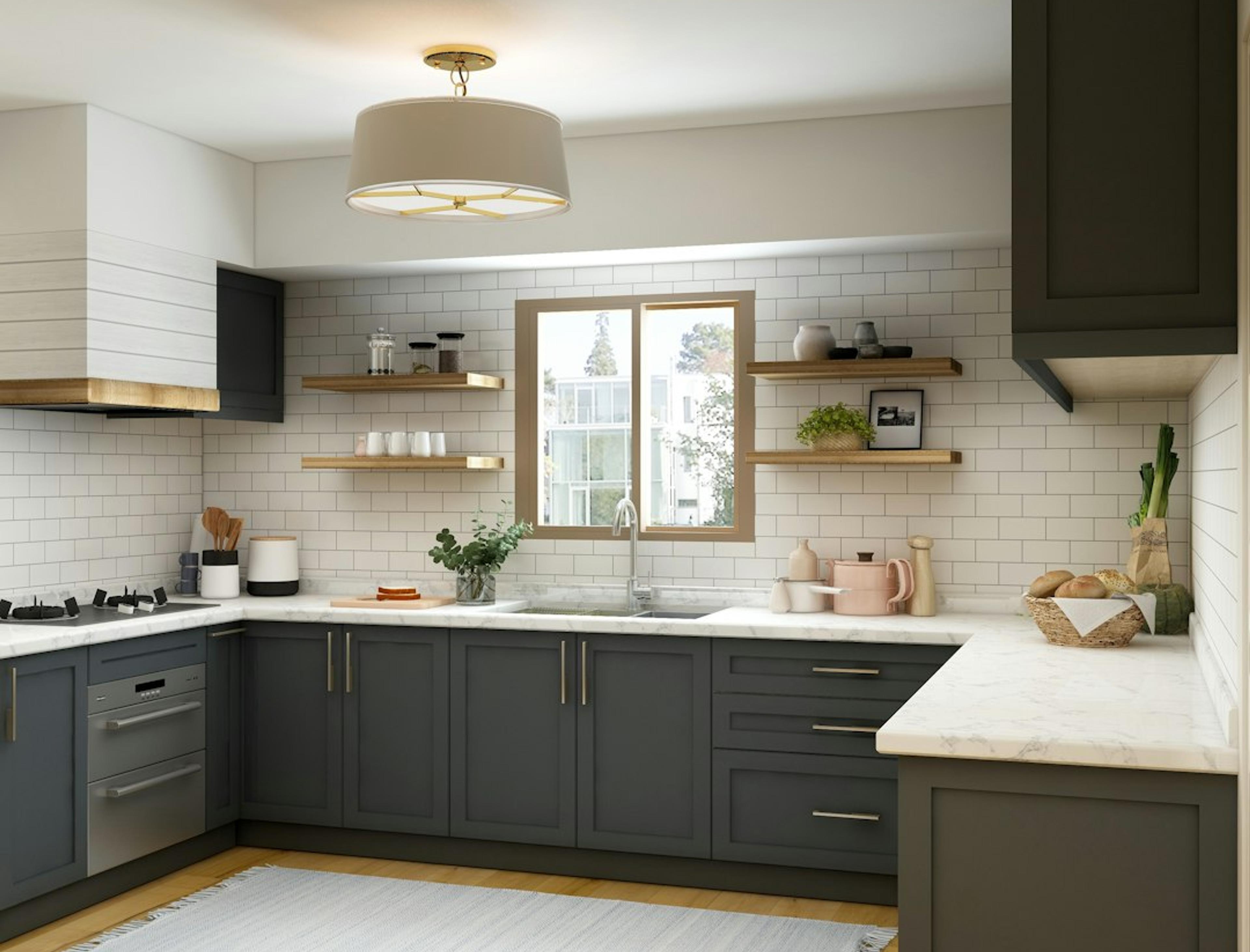 Olive green L-shaped kitchen with open shelves and light wood floors