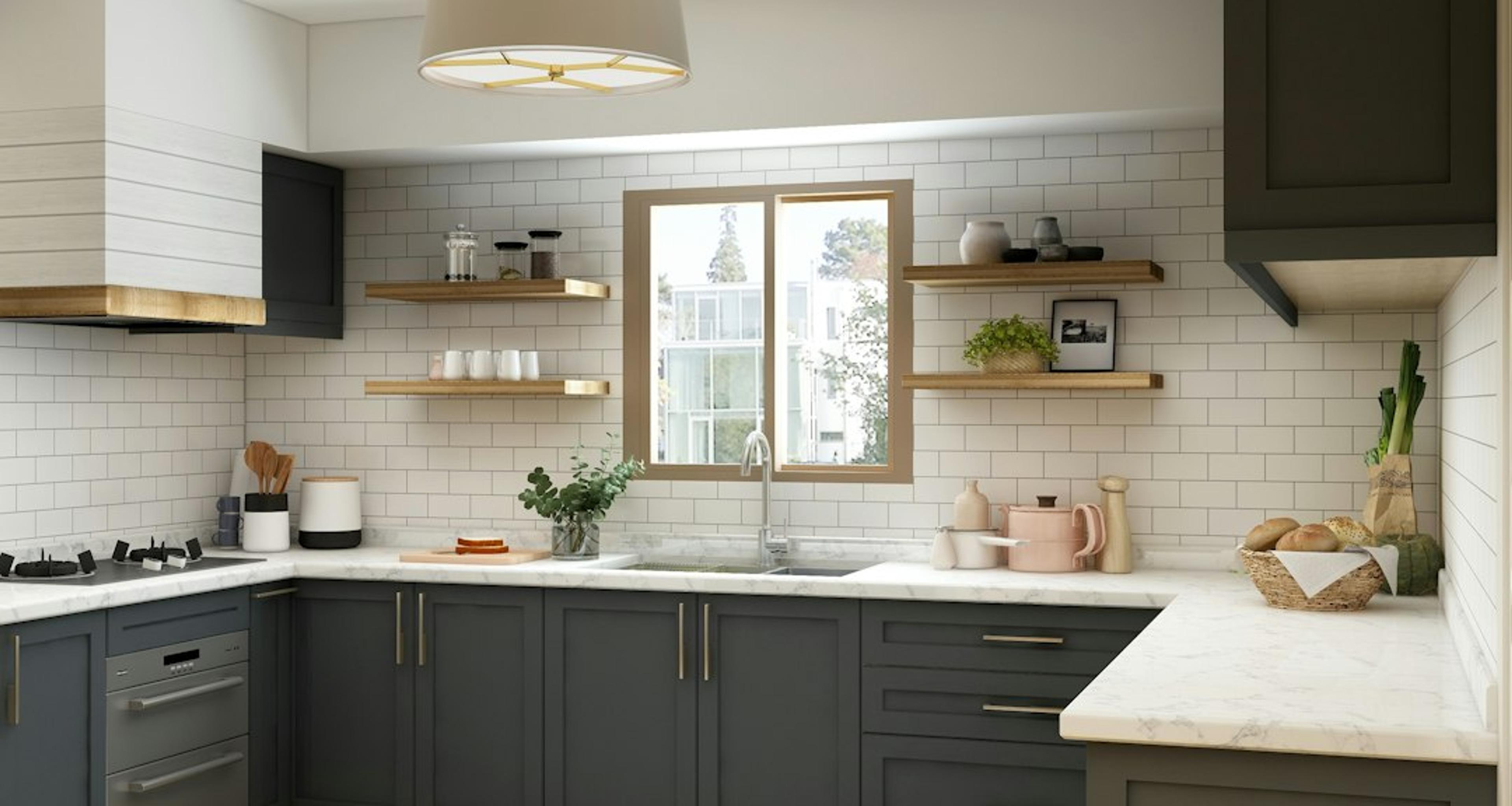 Olive green kitchen with open shelving and island