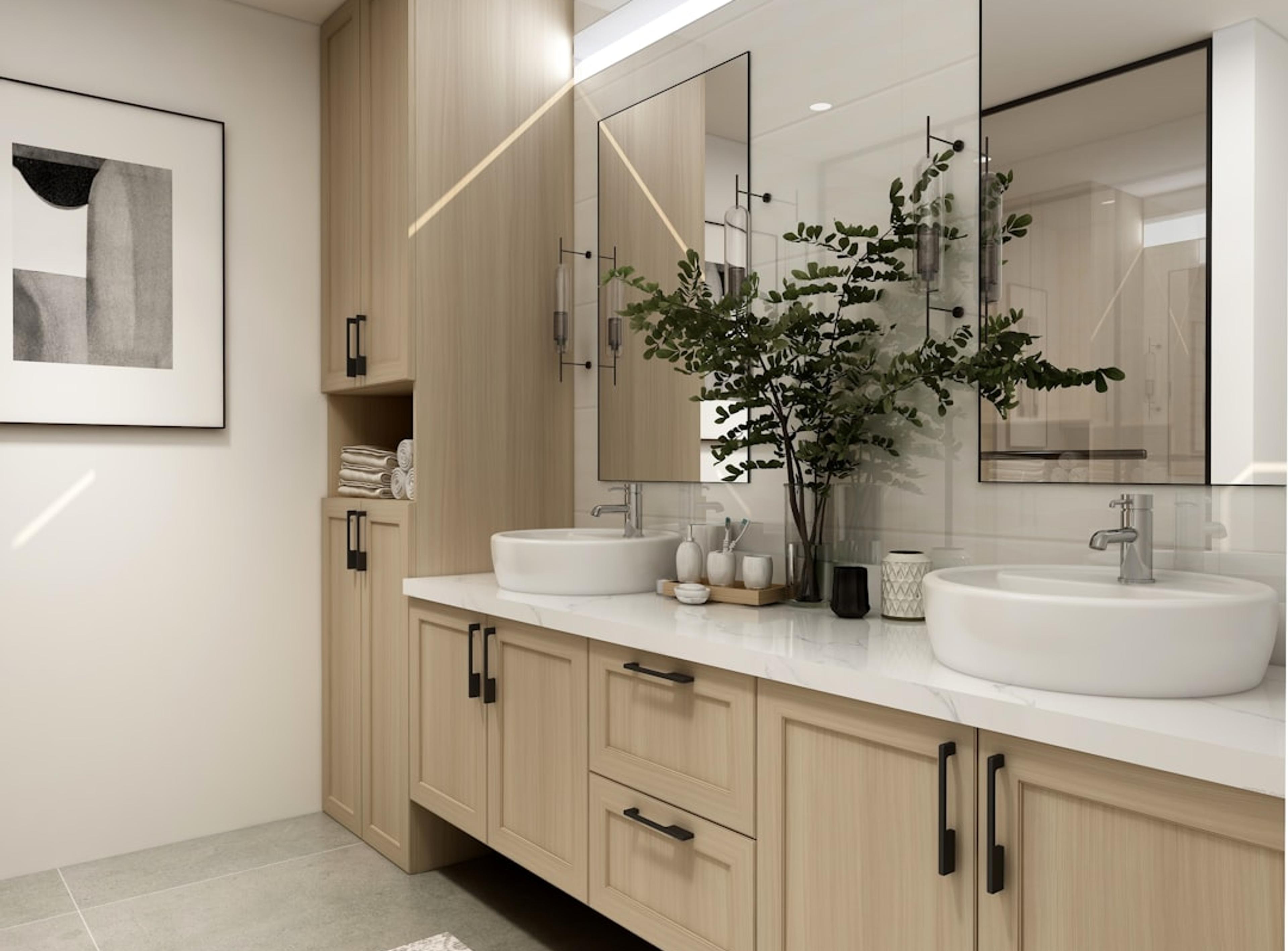 Double vessel-sink vanity in light wood