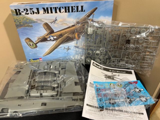 Revell B-25J 1:48 Scale Model kit showing kit contents