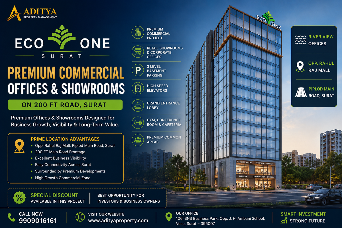 Eco One Surat – Premium Commercial Offices & Showrooms on 200 Ft Road | Complete Investment Guide 2026