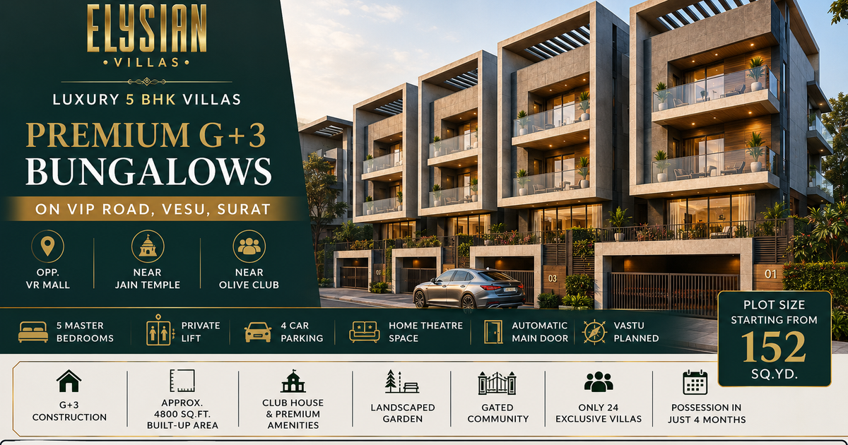 Luxury 5 BHK Villas on VIP Road, Vesu, Surat | Exclusive G+3 Bungalows Near VR Mall
