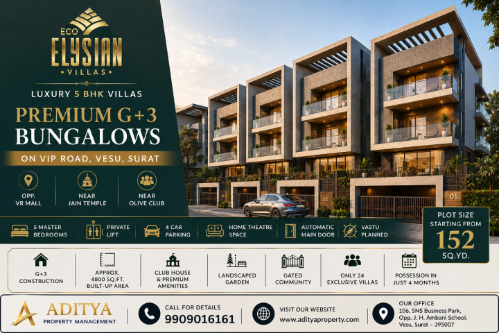 Luxury 5 BHK Villas on VIP Road, Vesu, Surat | Exclusive G+3 Bungalows Near VR Mall
