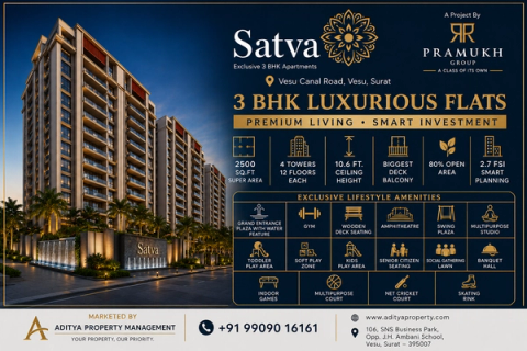 Satva by Pramukh Group – Exclusive 3 BHK Luxury Flats on Vesu Canal Road, Surat