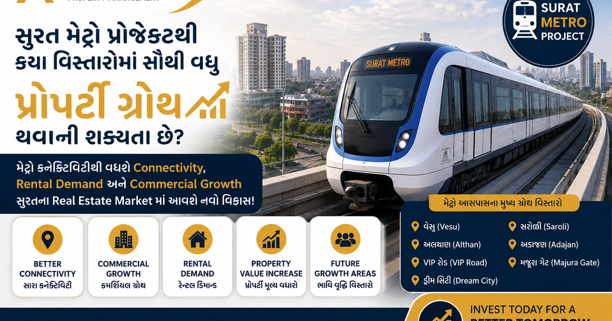 સુરત મેટ્રો પ્રોજેક્ટથી કયા વિસ્તારોમાં સૌથી વધુ પ્રોપર્ટી ગ્રોથ થવાની શક્યતા છે?