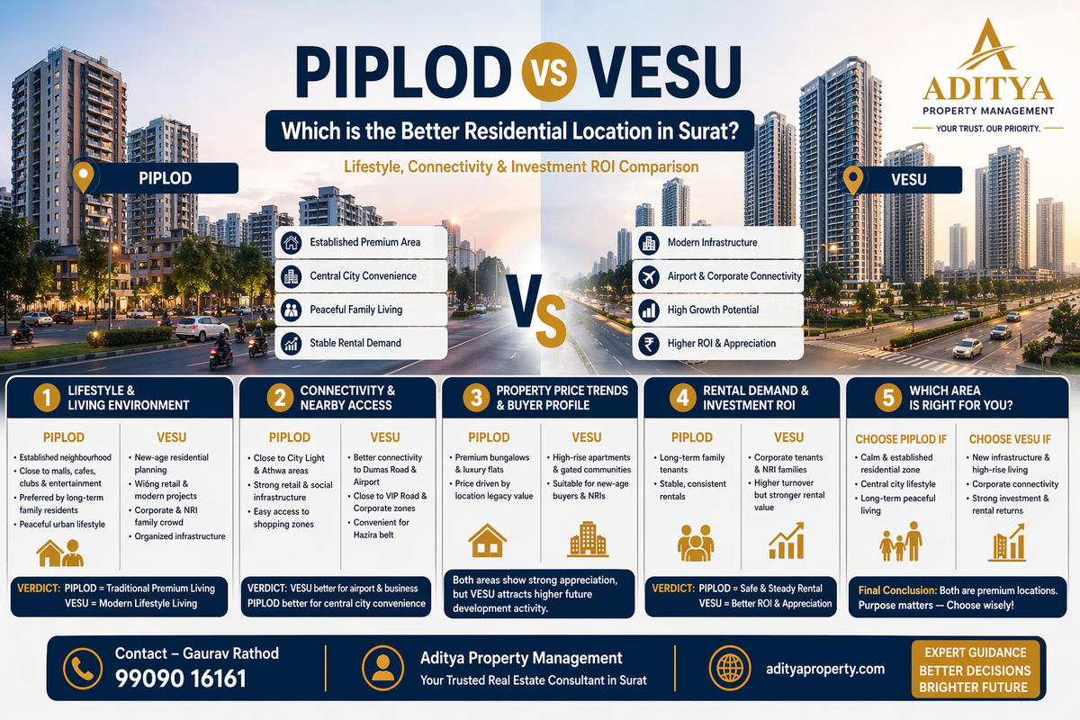 Piplod vs Vesu — Which is the Better Residential Location in Surat? Lifestyle, Connectivity & Investment ROI Comparison
