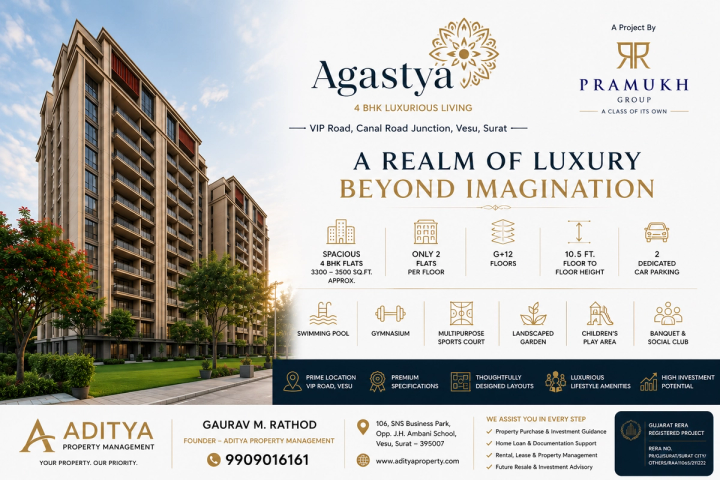 Agastya by Pramukh Group – Premium 4 BHK Apartments on VIP Road, Vesu, Surat