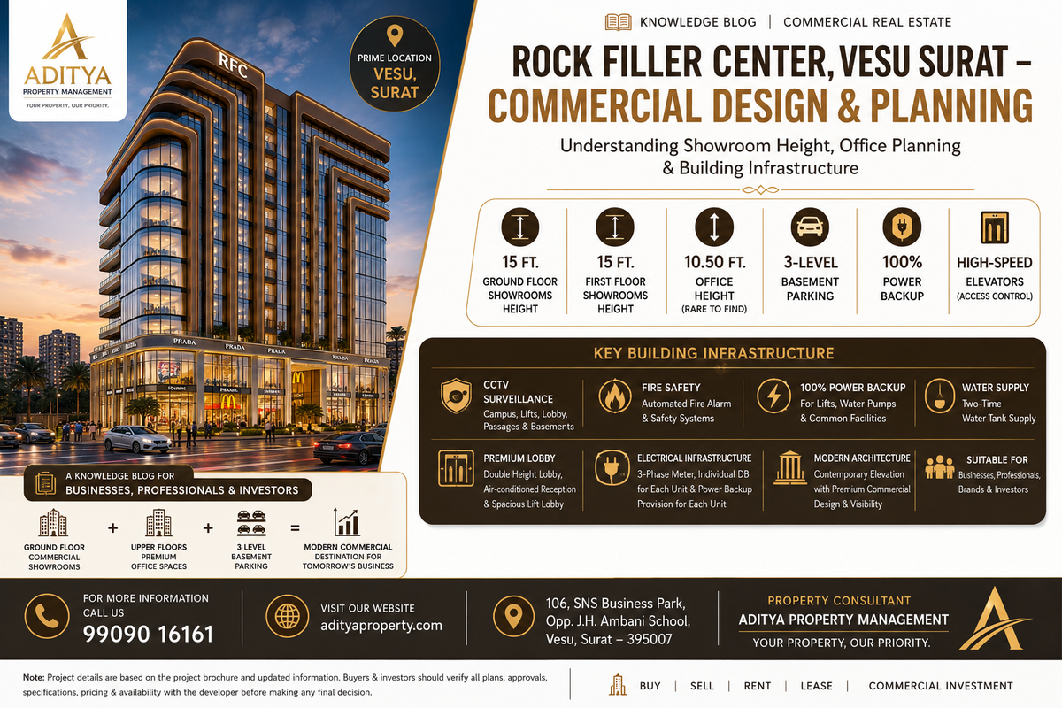 Rock Filler Center Vesu Surat – Commercial Project Design, Showroom Height, Office Planning & Key Features