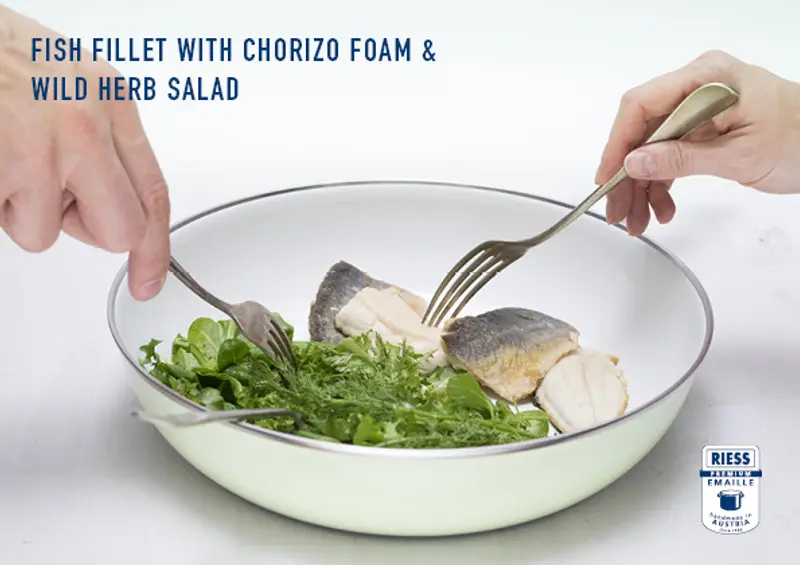 Fish fillet with chorizo foam & wild herb salad
