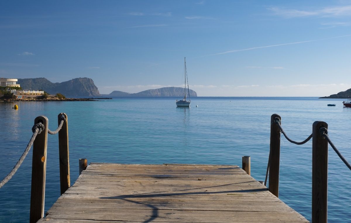 Sailboat in the port of Es Canar, Ibiza, Balearic Islands, Spain