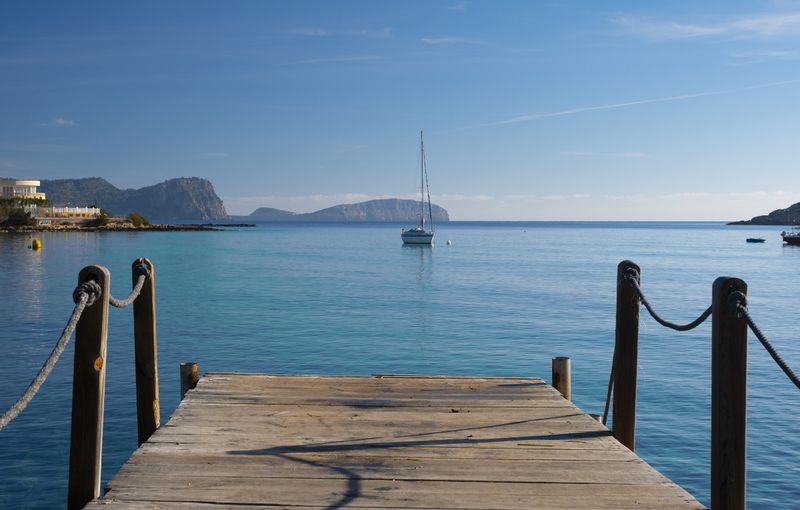 Sailboat in the port of Es Canar, Ibiza, Balearic Islands, Spain