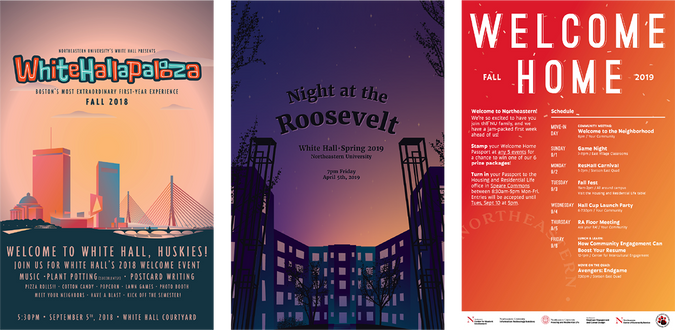 3 posters side by side depict illustrations of Boston and campus with information about the events being promoted.