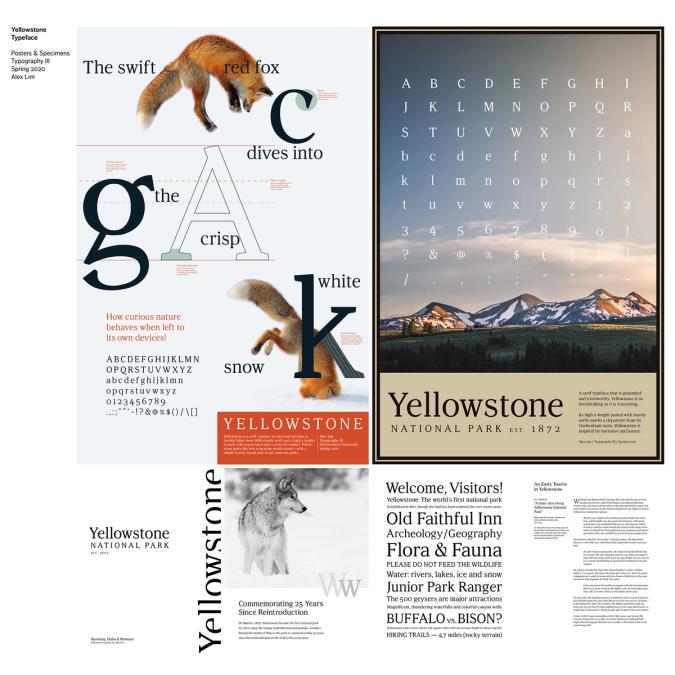 Two large posters displaying my typeface presented along with four pages of type specimens showing the font in use.