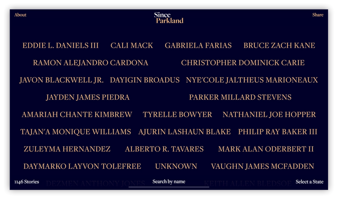Names of all children honored in the Since Parkland project arranged in a list that occupies the whole screen.