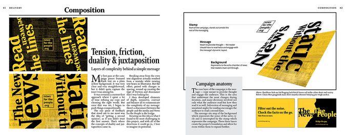 A two page spread shows examples of my campaign designs broken down by layers. Accompanying text explains the process that led to them.
